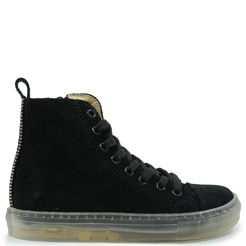 Blublonc Black Suede Clear Sole Zipper Hi Top Sneaker