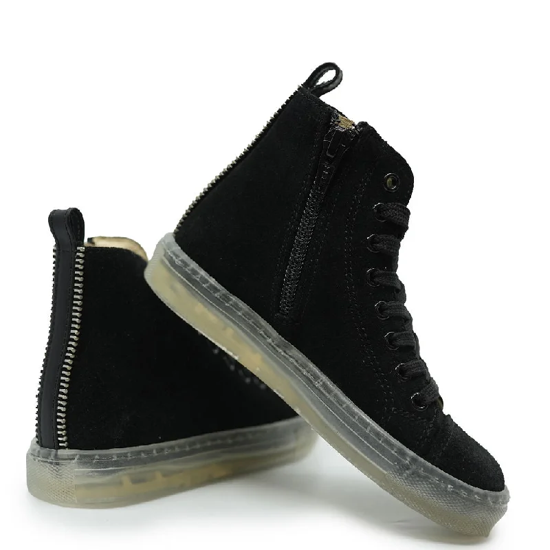 Blublonc Black Suede Clear Sole Zipper Hi Top Sneaker