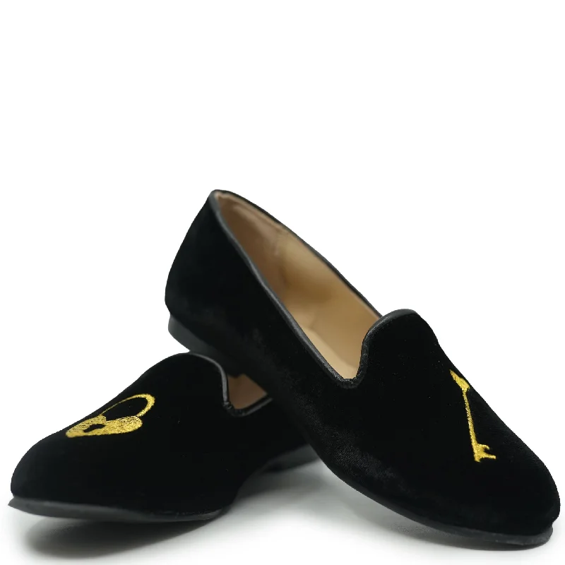 LMDI Black Velvet Lock and Key Embroidered Loafer