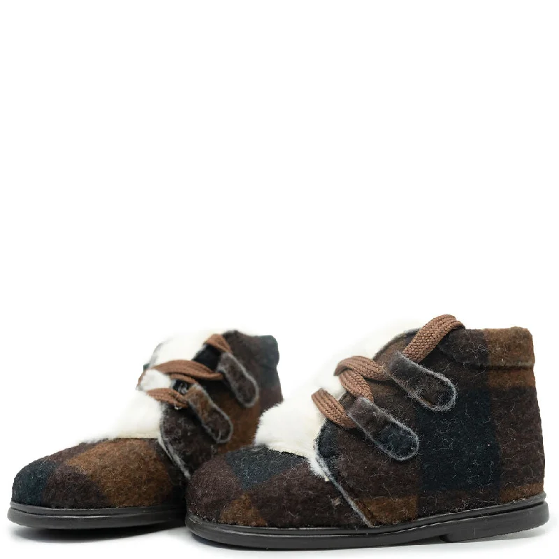 Papanatas Brown Plaid and Fur Baby Bootie